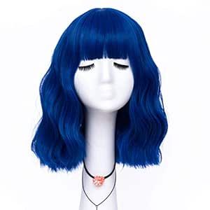 LABEAUTÉ Blue Wig Short Bob Wavy Wig with Air Bangs for Women, Heat Resistance Shoulder Length C... | Amazon (US)