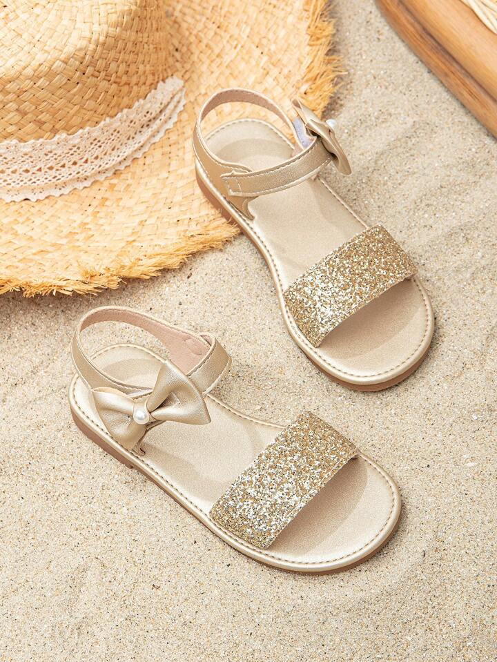 Girls Glitter Detail Bow & Faux Pearl Decor Ankle Strap Sandals | SHEIN