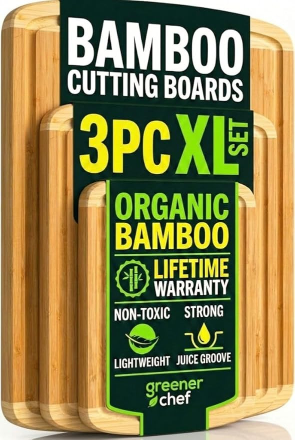 GREENER CHEF Organic Bamboo Cutting Board Set of 3 with Lifetime Replacements – Premium Extra L... | Amazon (US)