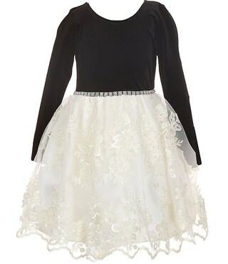 Bonnie Jean Little Girls Long Sleeve Velvet Beaded Waist Sparkle Trim Lace Dress | Dillard's | Dillard's