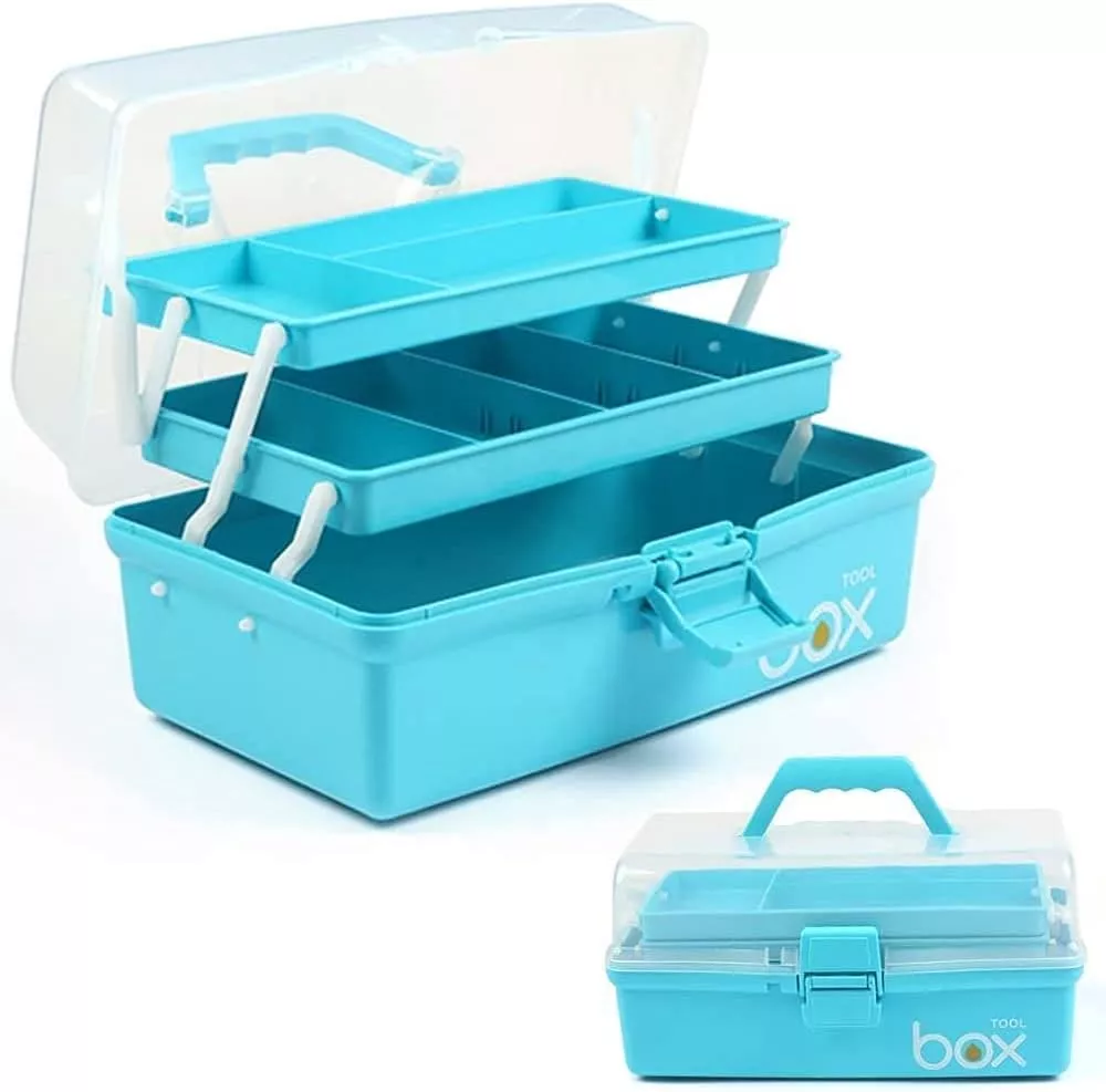 Kinsorcai 12'' Three-Layer Clear Plastic Storage Box/Tool Box, Multipurpose Organizer and Portable Handled Storage Case for Art Craft and Cosmetic (