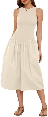 Livtany Women's Sleeveless Slim Fit Midi Dress Drop-Waist Crew Neck Patchwork Dress Ribbed a-Line... | Amazon (US)