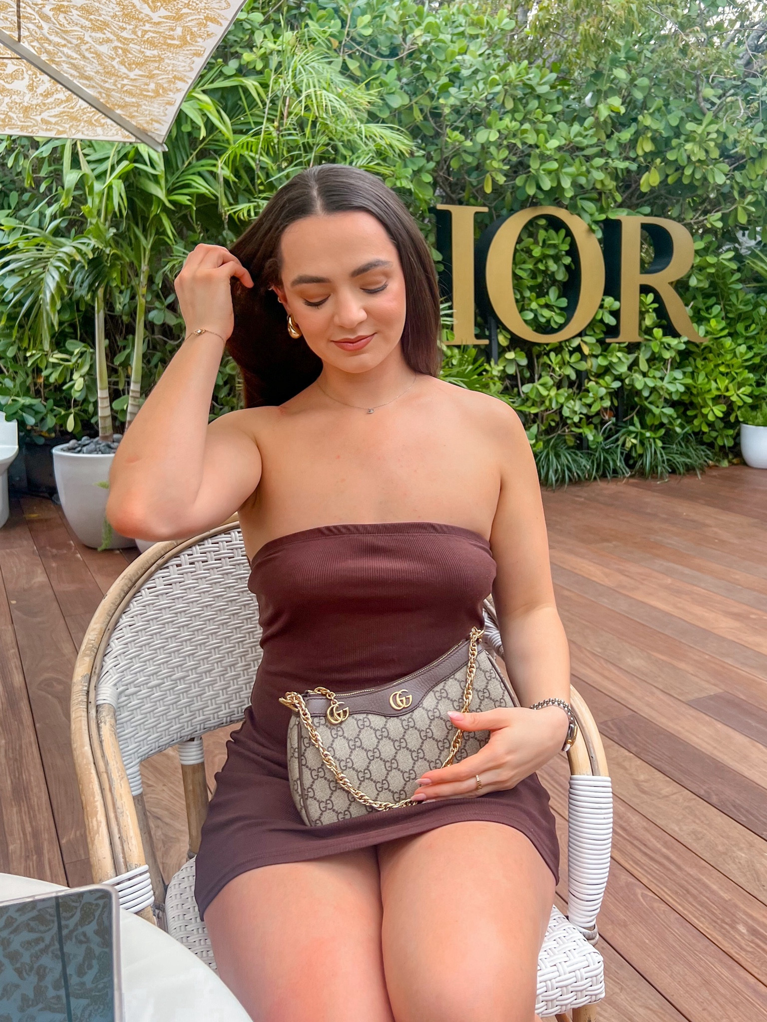 Gucci bag. Brunch outfit. Brown dress. Strapless dress. Designer bag. Gucci handbag. Casual dress. Bodycon dress. Tube dress  

#LTKstyletip #LTKitbag #LTKfindsunder50