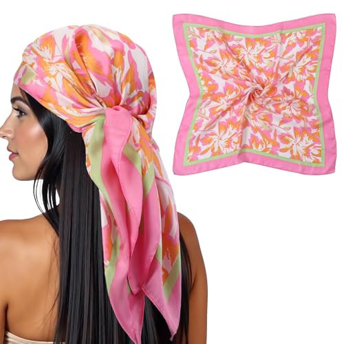 LXUEJIE 27.5” Square Satin Head Scarf, Pink Silk Feeling Scarf Medium Square Satin Head Neck Scarves for Women Fashion Wrap Neck Scarves for Hair Wrapping and Sleeping at Night | Amazon (US)