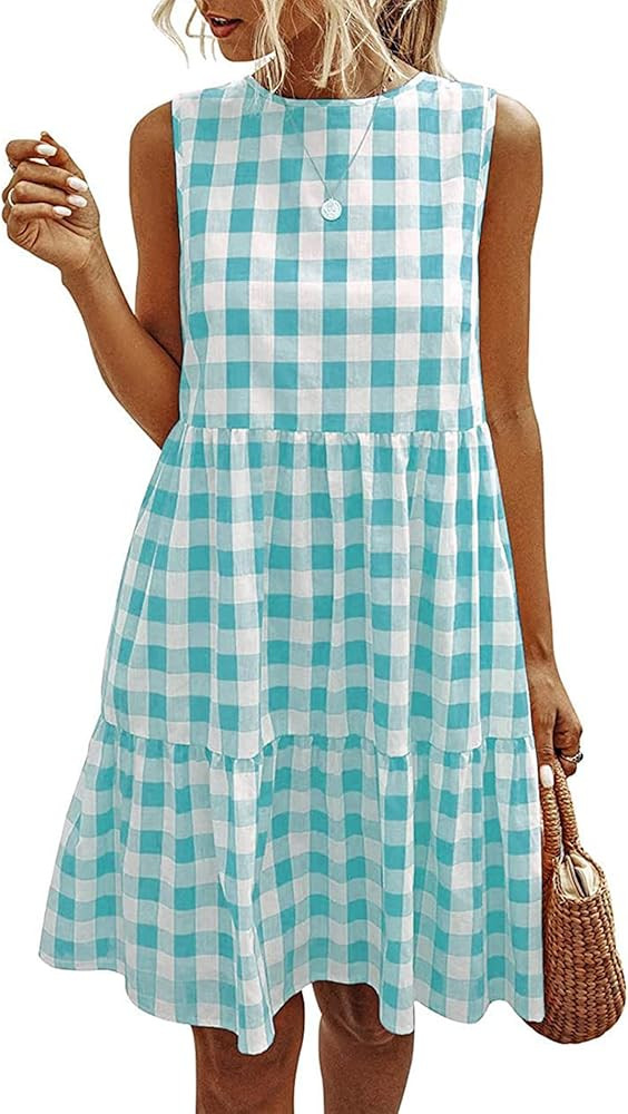 PRETTYGARDEN Women's Casual Plaid Sleeveless Ruffle Sundress Round Neck A-Line Pleated Mini Short... | Amazon (US)