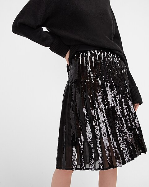 High Waisted Sequin Pleated Midi Skirt | Express