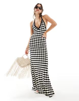 ASOS DESIGN halter neck crochet maxi dress in mono print | ASOS (Global)