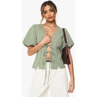 boohoo Dames Gewoven Gingham Top met Strikdetail aan de Voorkant en Puffmouwen | Green | Maat: 40 | Boohoo.com (NL)