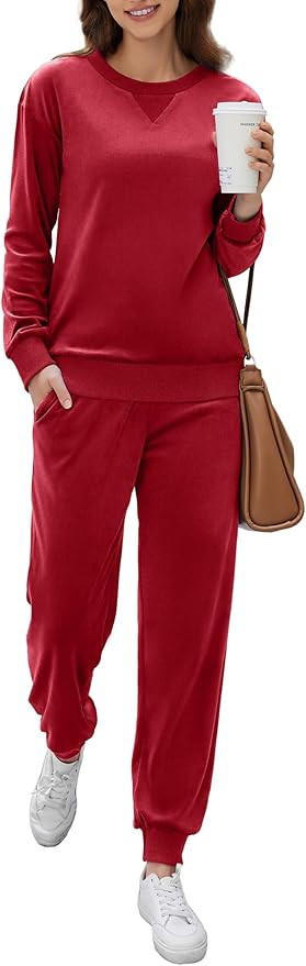 Ekouaer Womens Pajamas Sets Velvet Long Sleeve Jogger Pjs Soft Sleepwear 2 Piece Lounge Sets Casu... | Amazon (US)