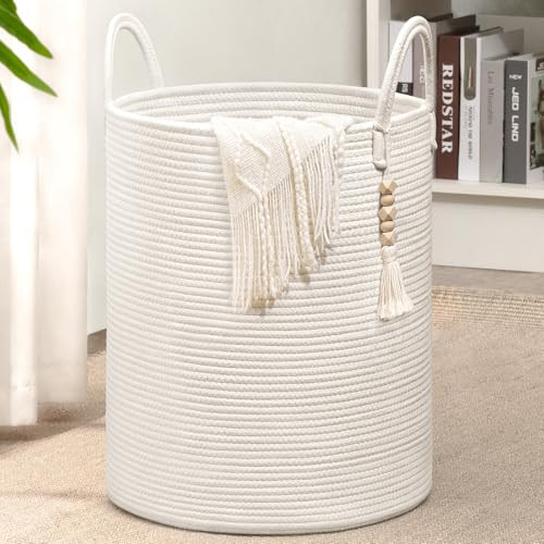Goodpick White Laundry Basket with Handles, Tall Woven Laundry Hamper for Clothes, Towels, Pillows, Toys, Decorative Blanket Basket for Living Room, Bedroom, Playroom, 16 x 20 inches | Amazon (US)