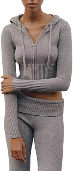 RTGSE Damen Y2K Reißverschluss Up Strick Crop Hoodies Vintage Rib Strick -Kapuze -Sweatshirts mi... | Amazon (DE)