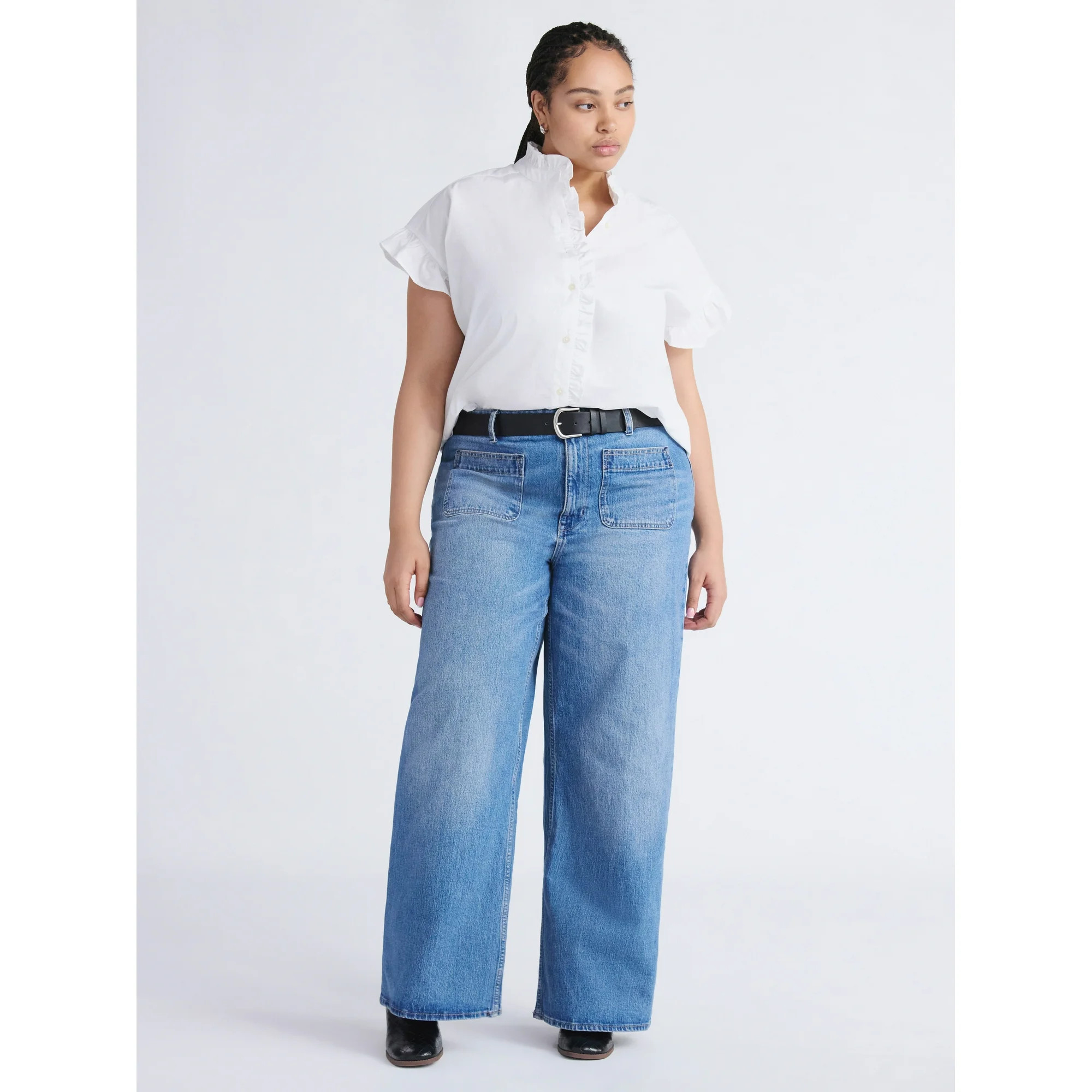 Free Assembly Women's and Women's Plus Ruffle Trim Neck Top with Short Sleeves, Sizes XS-4X | Walmart (US)