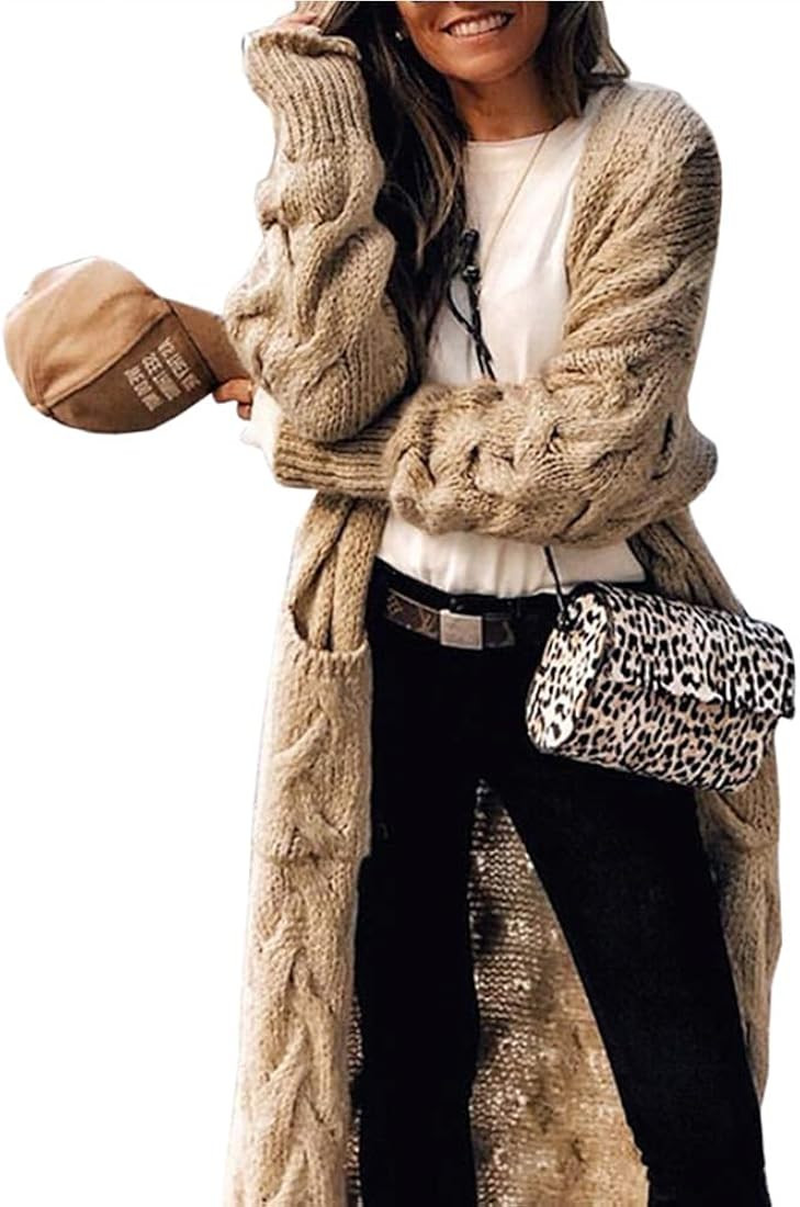 ZIWOCH Women's Long Cardigan Coats Cable Knit Casual Open Front Long Sleeve Loose Sweater with Pocke | Amazon (US)