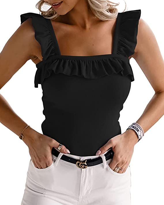 WAYMAKER Women's Cute Square Neck Sleeveless Ribbed Ruffle Strap Tank Top Bodysuits | Amazon (US)