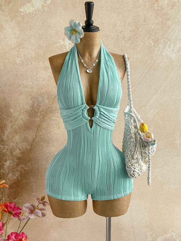 Soleia Women's Backless Textured Knit Jumpsuit,Round Ring Decor,Teal Summer Casual Holiday Vacati... | SHEIN