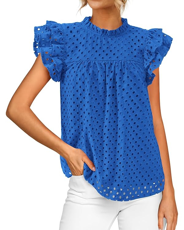BTFBM Casual Summer Tops for Women 2025 Short Ruffle Sleeves Shirts Crew Neck Hollow Out Lace Emb... | Amazon (US)