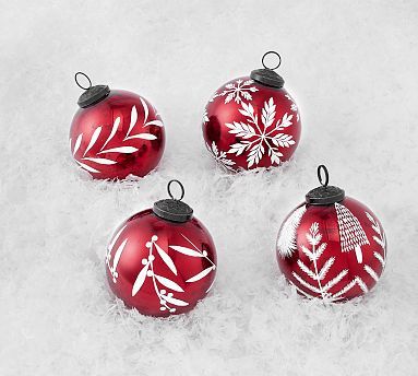 Red Etched Mercury Glass Ball Ornaments - Set of 4 | Pottery Barn (US)