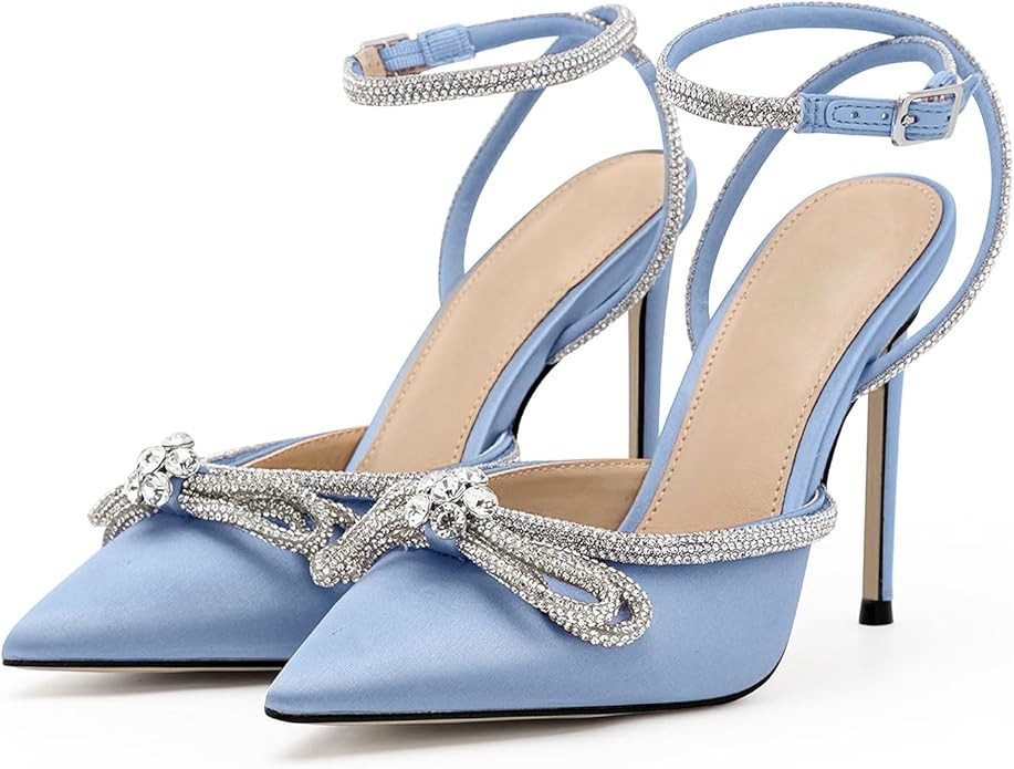 Women's Satin Lace Up High Heel Sandals Ankle Buckle Straps Pump Rhinestone Strip Bowknot Pointed... | Amazon (US)