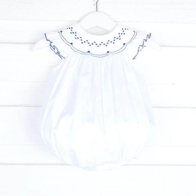 Navy Geometric Smocked White Pique Bubble | Classic Whimsy
