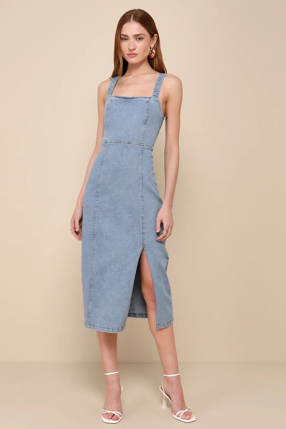 Trendy Inspiration Light Wash Lace-Up Denim Midi Dress | Lulus