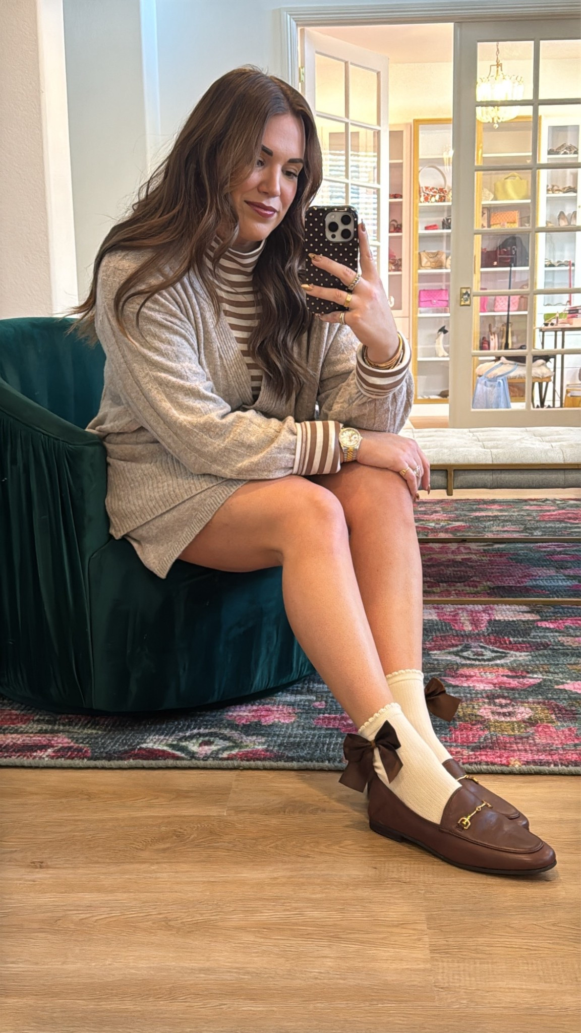 curvy midsize Thanksgiving outfit! wearing size large in striped top, size xl in cardigan for an oversized fit, and size large in sweater skirt 

#LTKMidsize #LTKHoliday #LTKFindsUnder50