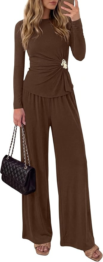 BTFBM Casual Lounge Sets Fall Outfits For Women 2026 2 Piece Outfit | Non-Detachable Buckle,Solid... | Amazon (US)