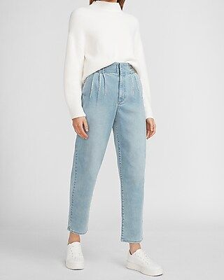 Super High Waisted Embellished Pleated Trouser Jeans | Express