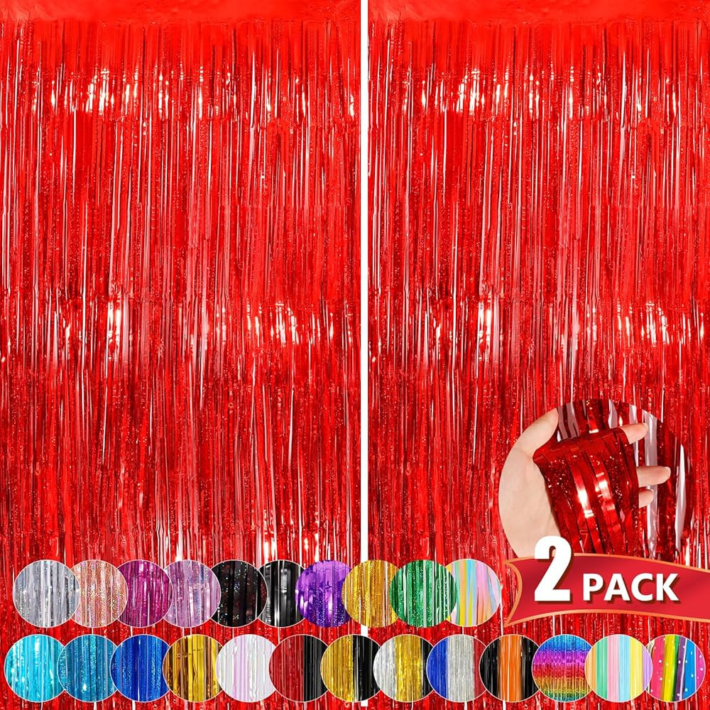 Red Metallic Tinsel Foil Fringe Curtains, 2 Pack 3.3x8.3 Feet Party Streamer for Birthday Party D... | Amazon (US)
