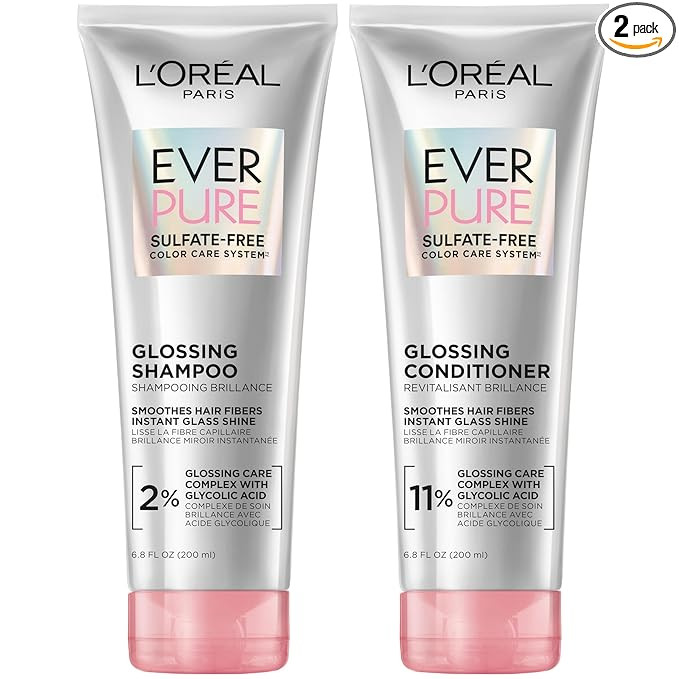 L'Oreal Paris Glossing Sulfate Free Shampoo and Conditioner Set with Glycolic Acid, Hair Care for... | Amazon (US)