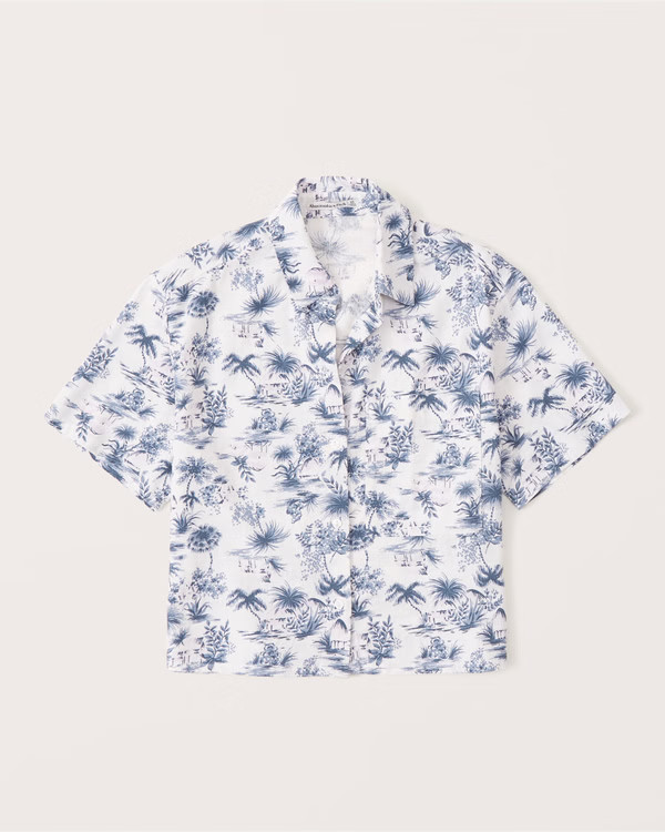 Women's 90s Cropped Boxy Linen-Blend Button-Up Shirt | Women's Tops | Abercrombie.com | Abercrombie & Fitch (US)