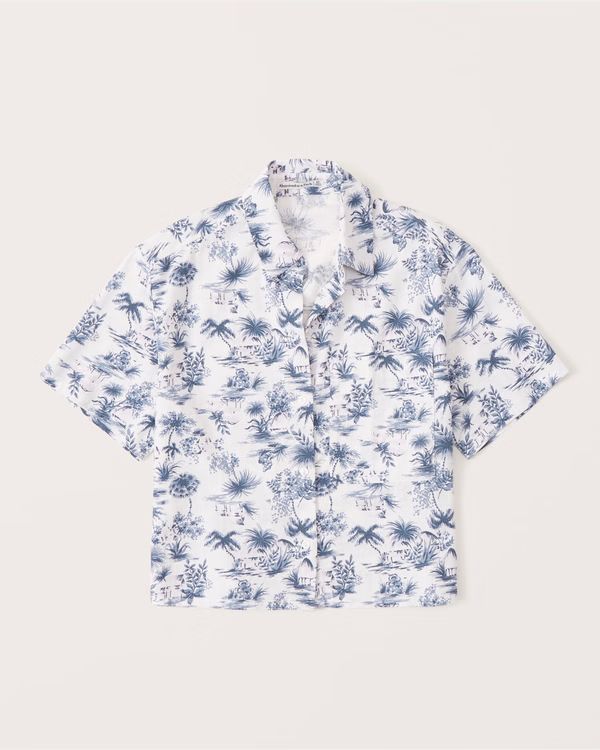 Women's 90s Cropped Boxy Linen-Blend Button-Up Shirt | Women's Tops | Abercrombie.com | Abercrombie & Fitch (US)