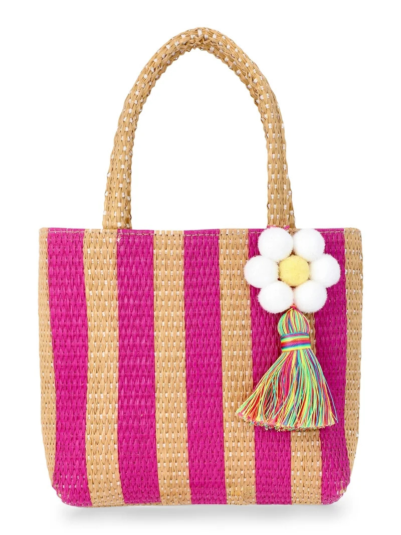 Wonder Nation Girls Straw Mini Tote Bag with Daisy Motif, Pink Stripes | Walmart (US)