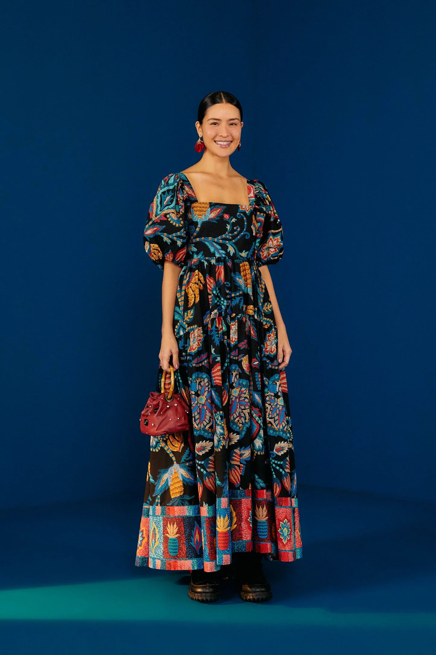 Black Sunset Tapestry Organic Cotton Maxi Dress | FarmRio