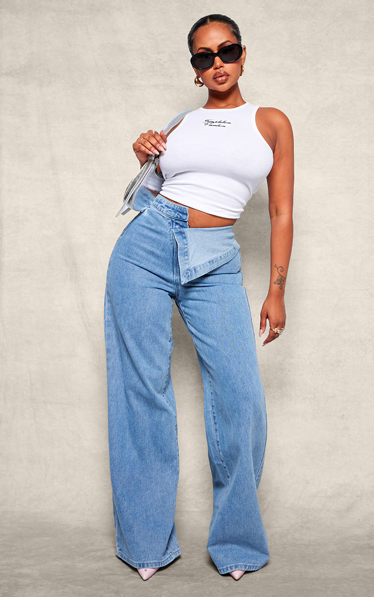 Shape Light Blue Wash Foldover Waist Wide Leg Jeans | PrettyLittleThing US