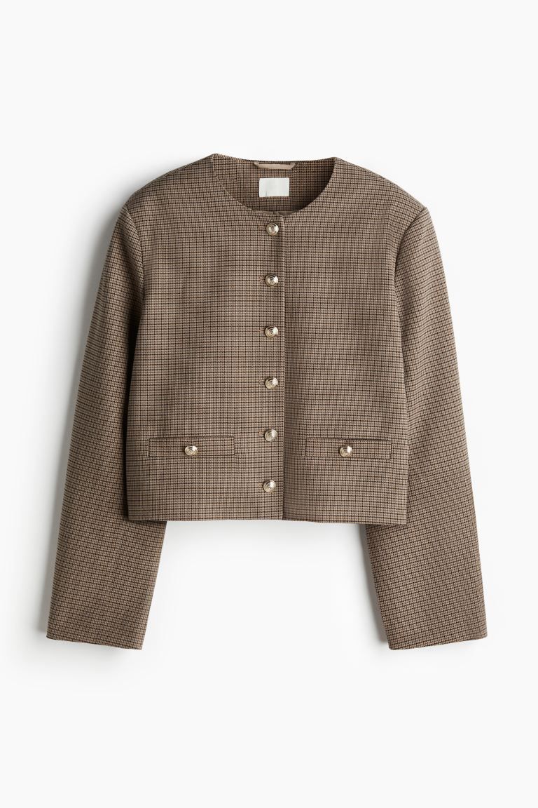 Short Jacket - Round Neck - Long sleeve - Beige/houndstooth-patterned - Ladies | H&M US | H&M (US + CA)