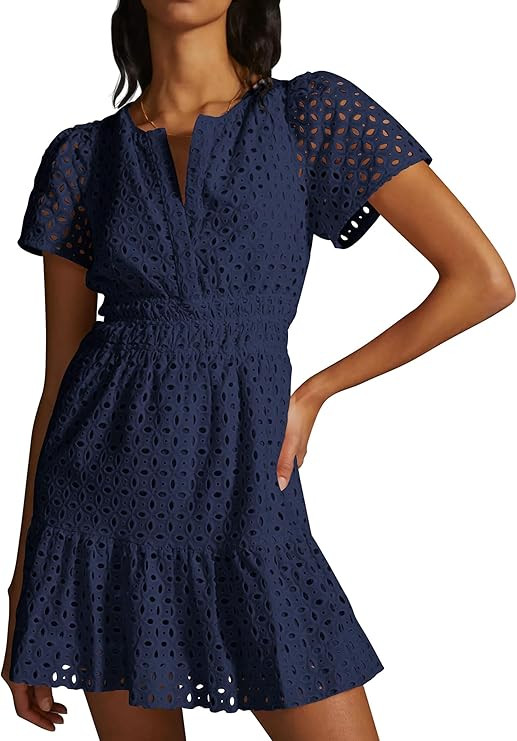 PRETTYGARDEN Womens 2024 Summer Short Dress V Neck Short Sleeve A Line Hollow Out Lace Ruffle Cut... | Amazon (US)