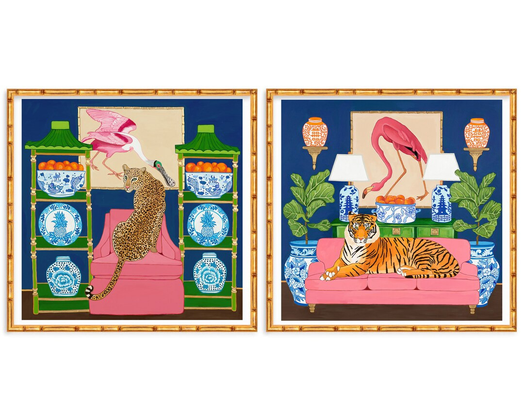 Two Art Prints Preppy Tiger and Leopard in Chinoiserie Interior with Flamingo and Spoonbill | Etsy (US)