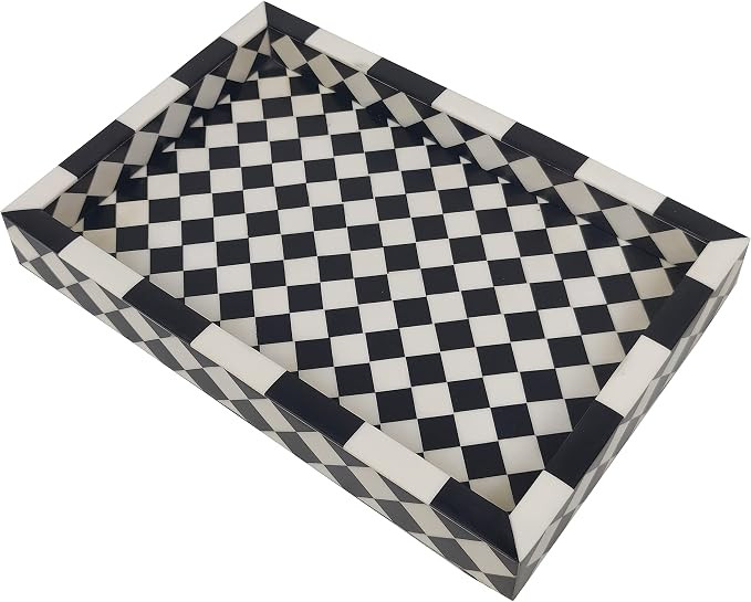 Black & White Chess Patter Resin Decorative Serving Ottoman Tray 12x8 Inch | Amazon (US)