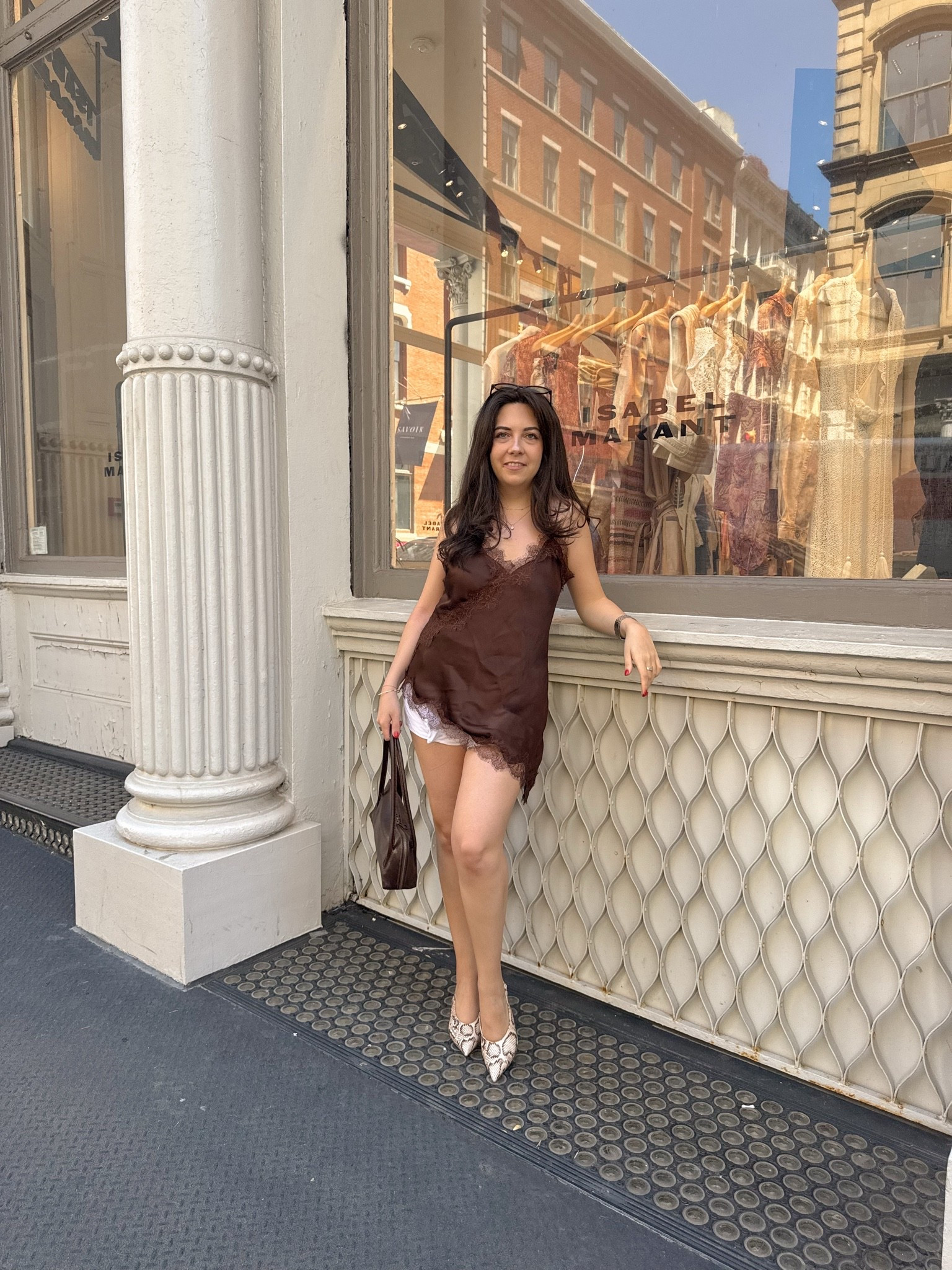 Chocolate brown + lace trim will forever have me in a chokehold 🤎 Linking this satin slip top, white lace shorts, snake print heels, and my favorite espresso-toned accessories for the ultimate cool-girl summer outfit. Perfect for SoHo shopping days, dinner plans, or a Euro summer-inspired NYC look.

#LTKootd #LTKSeasonal