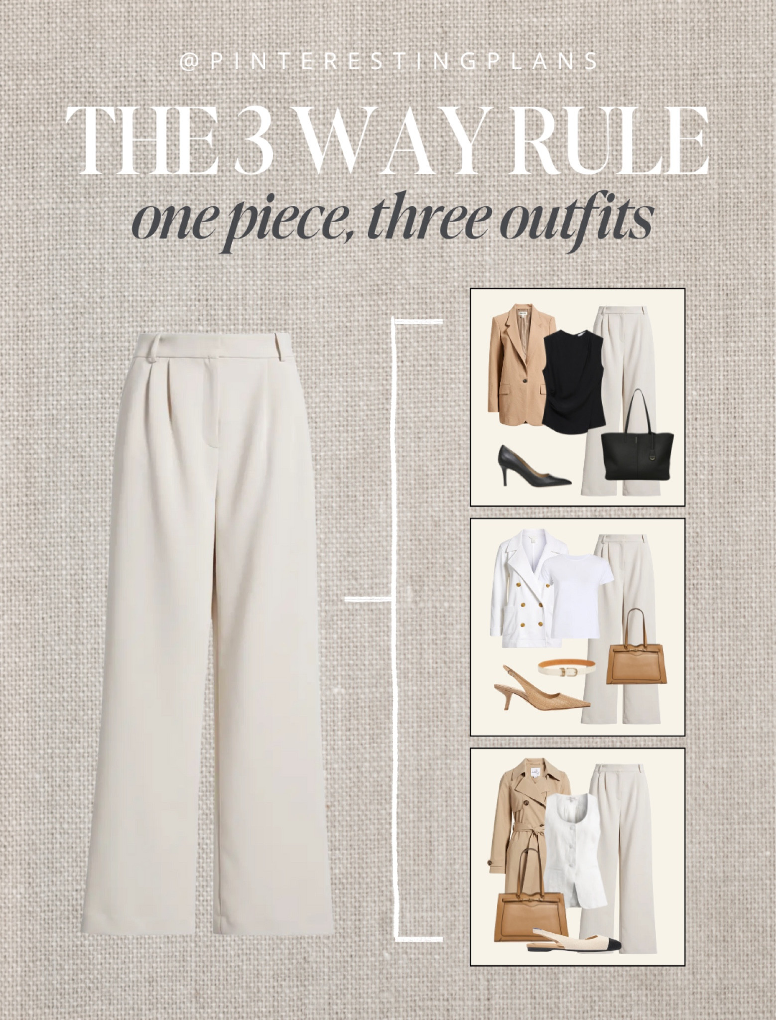 3 ways to style beige trousers! 

If I can’t think of 3 ways to style a new piece with something I already own, it’s a pass for me.

More details on the 3 way rule I l follow when shopping 👉🏻 https://pinterestingplans.com/the-three-way-rule/

#LTKOver40 #LTKStyleTip #LTKWorkwear