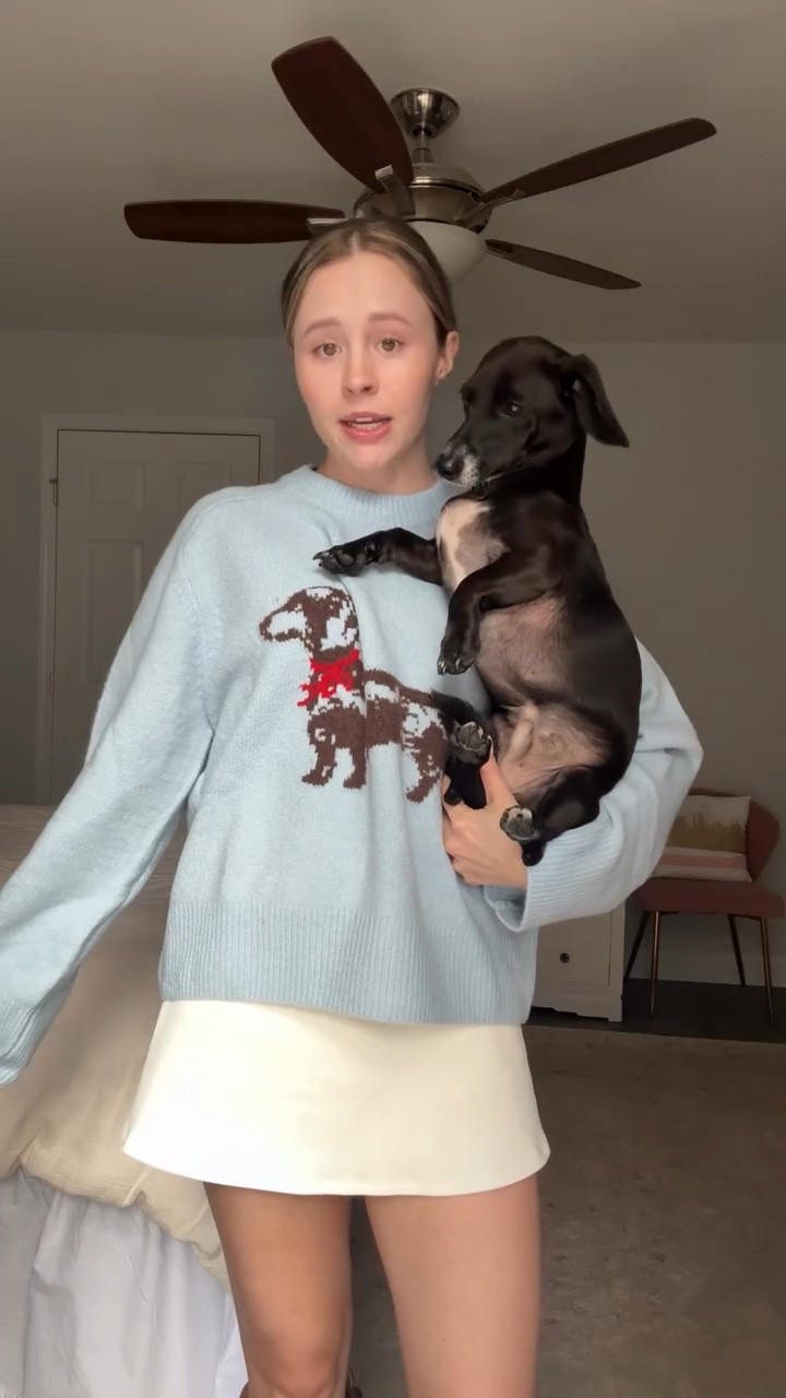 no like I’m obsessed 🩵 @abercrombie link in my bio! 
•
you guys have no idea how fast I added this to my cart 🤭 PLUS the fall sale going on?! Please
•
this sweater is actually perfection! I did size up to get an extra oversized look and I love it so much! I feel like it’ll be so cute with tall boots and mini skirt in the fall but is still warm enough for winter! truly made for dachshund moms
•
skirt @revolve 
boots @thefryecompany 
bag vintage @katespadeny 
•
#abercrombie #outfitinspiration #outfitinspo #dachshund #dachshundlife #weenie #dachshundmom #dachshundlover #style #lifestyle #smallcreator #microinfluencers #outfitideas #blueandbrown #falltrends #fallfashion #winterfashion #holidayfashion #explore #viral #outfitreel