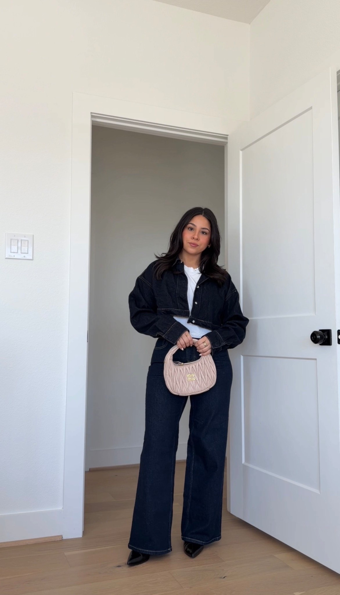 Wide leg dark wash jeans: small petite 
White long sleeve: small 
Cropped denim jacket: 4 
Black boots: 6.5 

#LTKgrwm #LTKPetite #LTKootd