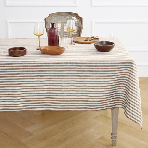 Solino Home Linen Striped Tablecloth 52 x 52 Inch - 100% Pure Linen Brown and Cream Square Table Throw - Amalfi Stripe, Machine Washable Tablecloth for Fall, Autumn, Thanksgiving | Amazon (US)