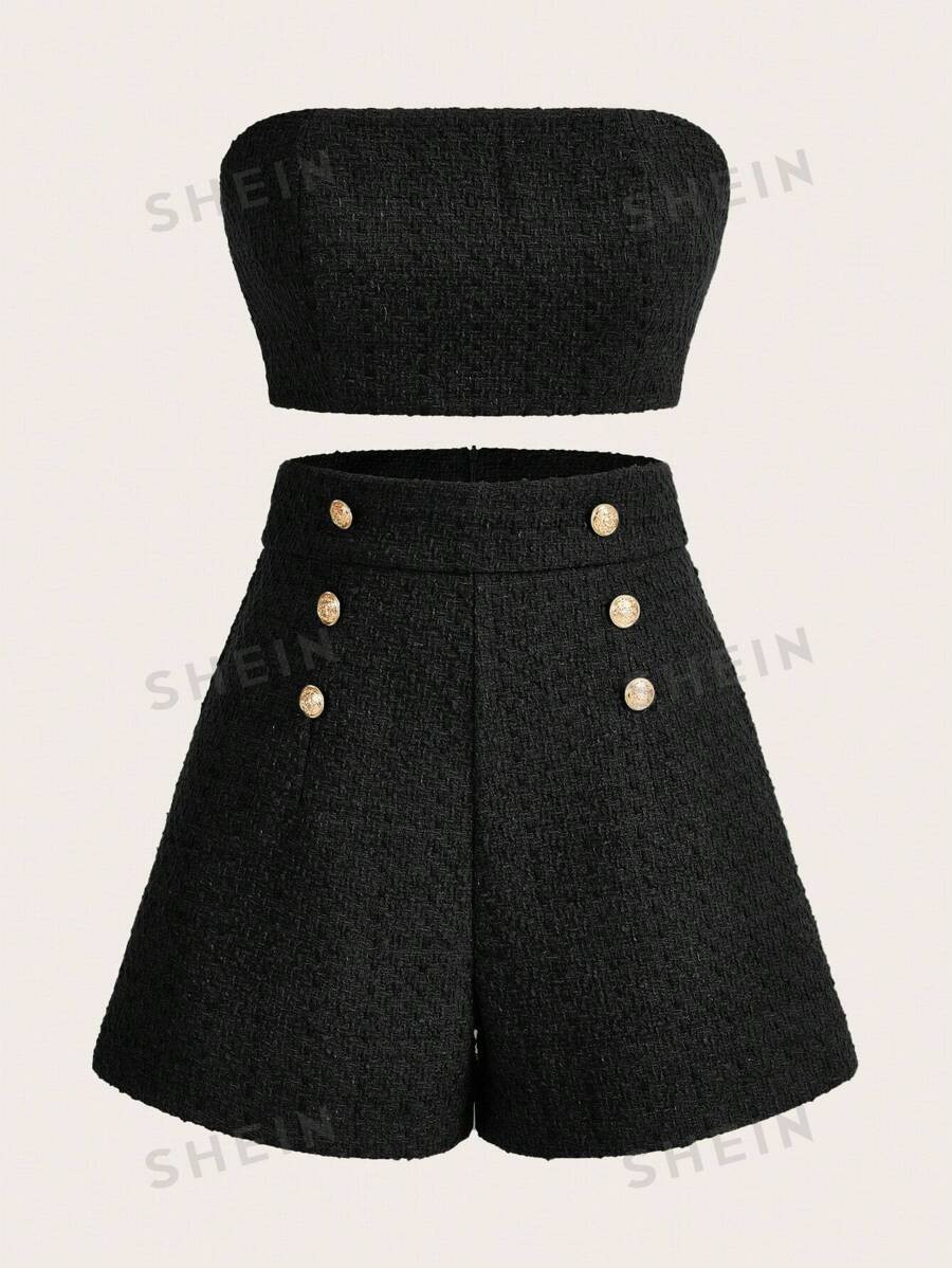 SHEIN MOD Solid Tube Top & Button Detail Shorts | SHEIN