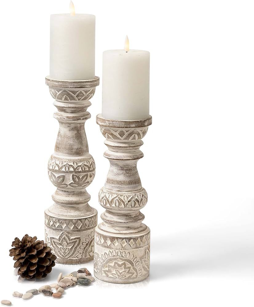 Kurrajong Farmhouse Candle Holders - Boho Set of 2 Tall Candle Stands | Decorative Wood Candle Ho... | Amazon (US)