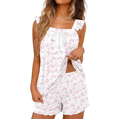 Ekouaer Womens Pajamas Sets 2 Piece Ruffle Bow Tank Top and Shorts Pjs… | Amazon (US)