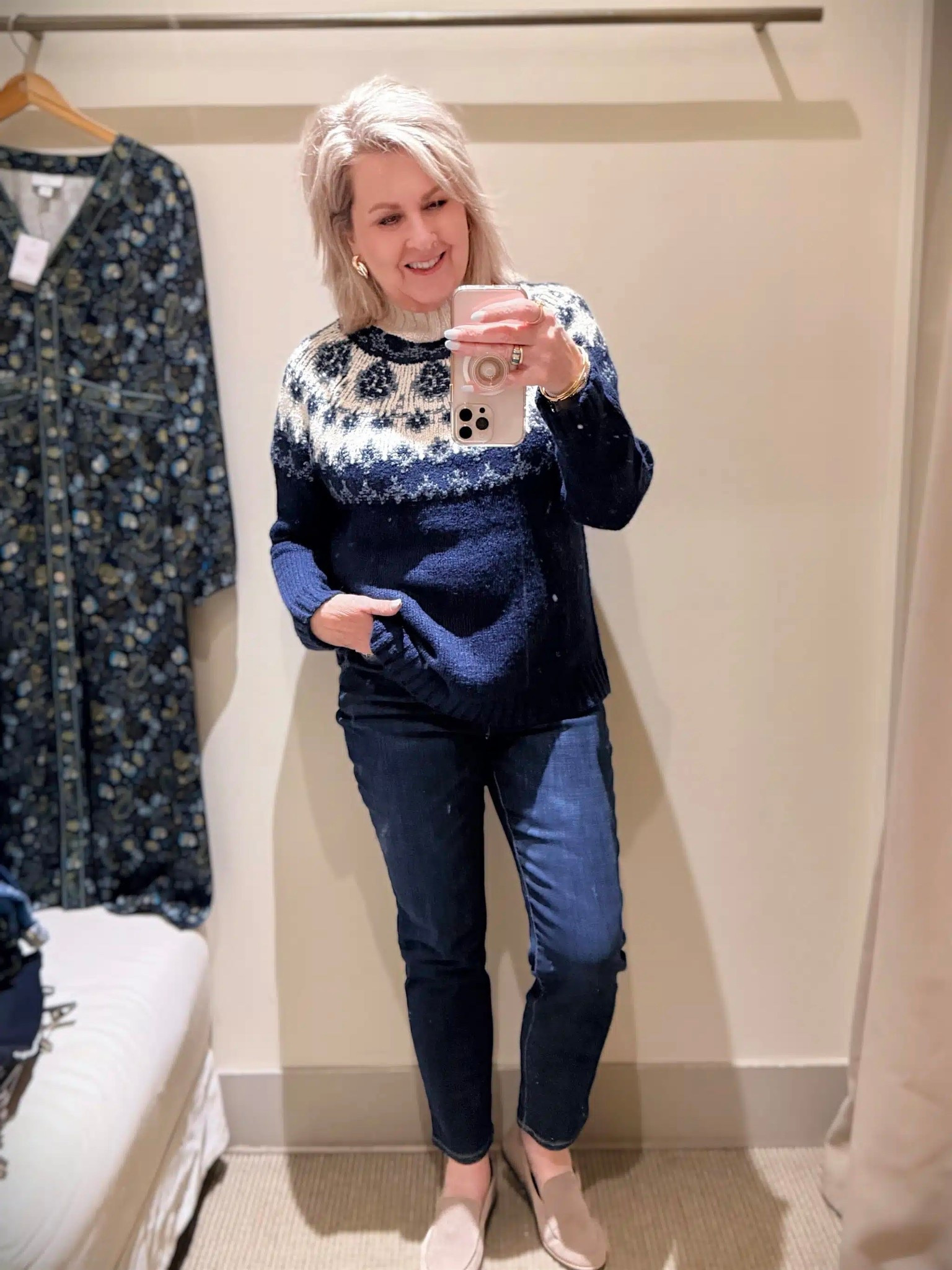 This fair isle sweater is a great option when you want to be festive, but not the typical red and green! My sweater is a size medium and slim leg jeans are a size 8. 

#LTKOver40 #LTKHoliday #LTKWorkwear