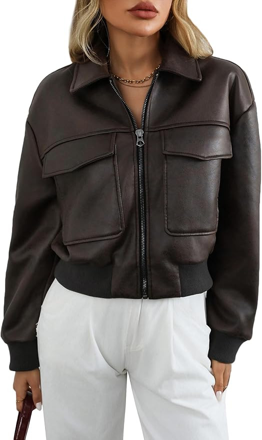 LY VAREY LIN Women Faux Leather Bomber Jacket Distressed Button Front Aviator Biker Coat | Amazon (US)