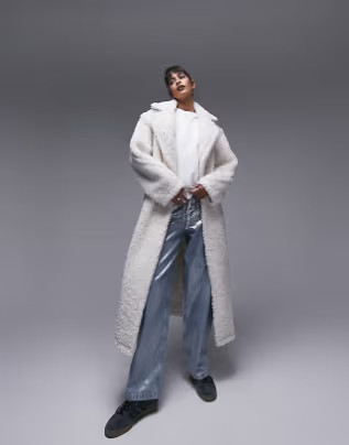 Topshop fluffy long-line borg coat in off-white | ASOS (Global)