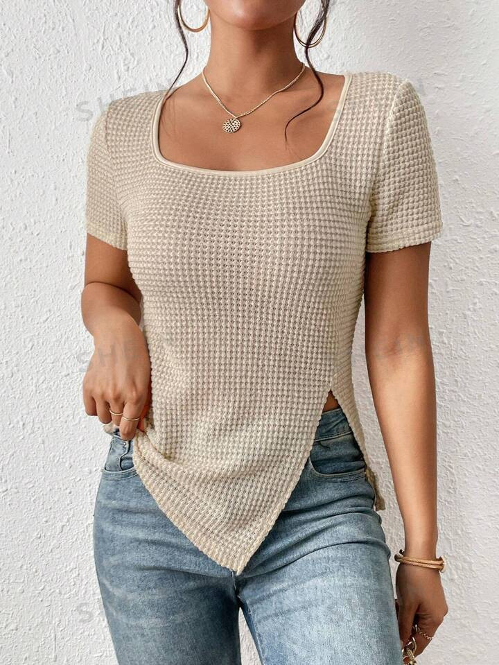 SHEIN Frenchy T-Shirt mit eckigem Ausschnitt, Schlitz am Saum, Waffelstrick | SHEIN